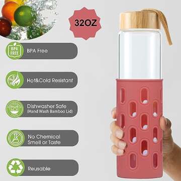 wemburly Glass Water Bottles 32 oz Borosilicate Natural Wide Mouth Reuseable Cute Water Bottles for Women Dishwasher Safe