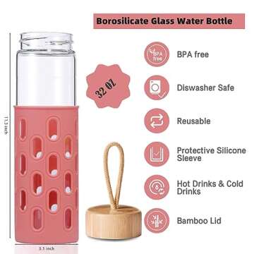 wemburly Glass Water Bottles 32 oz Borosilicate Natural Wide Mouth Reuseable Cute Water Bottles for Women Dishwasher Safe