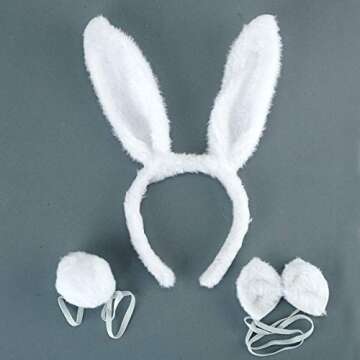BinaryABC Easter Bunny Rabbit Costume Set,Ears Headband Bow Ties Tail Set,Halloween Costume Assesories(White)