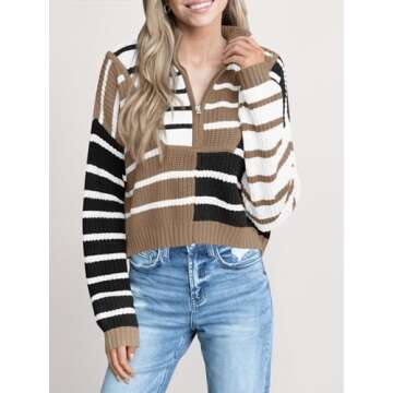 Saodimallsu Womens Striped Cropped Sweater Color Block Zip Up Long Sleeve Mock Neck Loose Pullover Jumpers