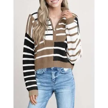 Saodimallsu Womens Striped Cropped Sweater Color Block Zip Up Long Sleeve Mock Neck Loose Pullover Jumpers