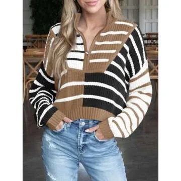 Saodimallsu Womens Striped Cropped Sweater Color Block Zip Up Long Sleeve Mock Neck Loose Pullover Jumpers