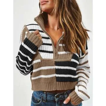 Saodimallsu Womens Striped Cropped Sweater Color Block Zip Up Long Sleeve Mock Neck Loose Pullover Jumpers
