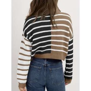 Saodimallsu Womens Striped Cropped Sweater Color Block Zip Up Long Sleeve Mock Neck Loose Pullover Jumpers