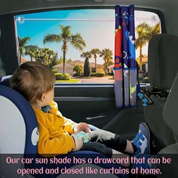 DIZA100 Car Window Shade for Baby, Car Sun Shades with Storage Net Pocket Car Window Curtain 7 Suction Cups Cute Dinosaurs for Sun/Heat/UV Rays Protection Kids (Blue-Dino)