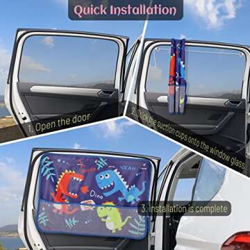 DIZA100 Car Window Shade for Baby, Car Sun Shades with Storage Net Pocket Car Window Curtain 7 Suction Cups Cute Dinosaurs for Sun/Heat/UV Rays Protection Kids (Blue-Dino)