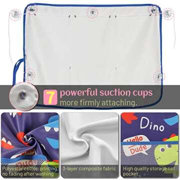 DIZA100 Car Window Shade for Baby, Car Sun Shades with Storage Net Pocket Car Window Curtain 7 Suction Cups Cute Dinosaurs for Sun/Heat/UV Rays Protection Kids (Blue-Dino)