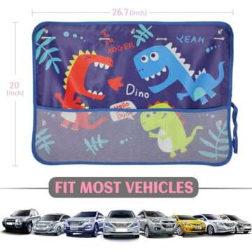 DIZA100 Car Window Shade for Baby, Car Sun Shades with Storage Net Pocket Car Window Curtain 7 Suction Cups Cute Dinosaurs for Sun/Heat/UV Rays Protection Kids (Blue-Dino)