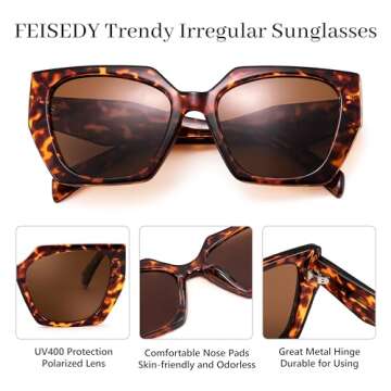 FEISEDY Trendy Polarized Sunglasses, Oversized Irregular TR Frame for Women Men, Retro Shades UV400 B0016