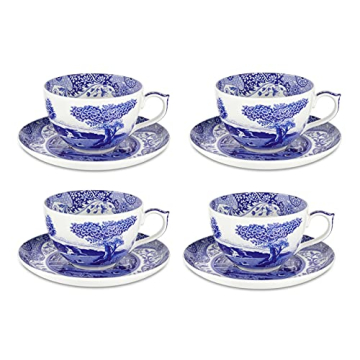 Spode Blue Italian Jumbo Teacups and Saucers - Set of 4 (20 ounces)