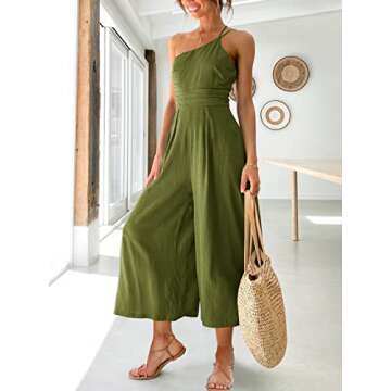 ANRABESS Women's Summer Straps One Shoulder Pleated High Waist Casual Wide Leg Jumpsuit Romper with ...