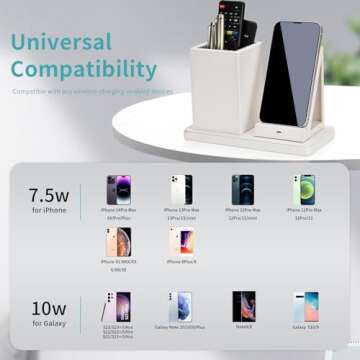 Wireless Charger with Desk Organizer, Wireless Charging Station for iPhone 14/14 Pro/13/12/11/Samsung Galaxy S23/S22/S21/S20/Note 20/Note 10, Wireless Charging Stand with Leather, White