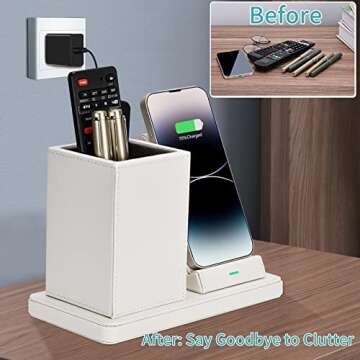 Wireless Charger with Desk Organizer, Wireless Charging Station for iPhone 14/14 Pro/13/12/11/Samsung Galaxy S23/S22/S21/S20/Note 20/Note 10, Wireless Charging Stand with Leather, White