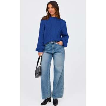 PRETTYGARDEN Women's Cable Knit Sweaters Casual Long Sleeve Crewneck Oversized Chunky Fall Winter Sweater Pullover Tops 2024 (Brilliant Blue,XL)