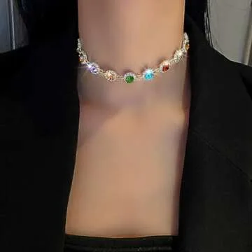 JEAIRTS Multi-color Rhinestone Choker Necklace Sparky Crystal Chokers Glitter Party Prom Necklace Chain Jewelry for Women