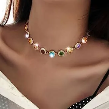 JEAIRTS Multi-color Rhinestone Choker Necklace Sparky Crystal Chokers Glitter Party Prom Necklace Chain Jewelry for Women