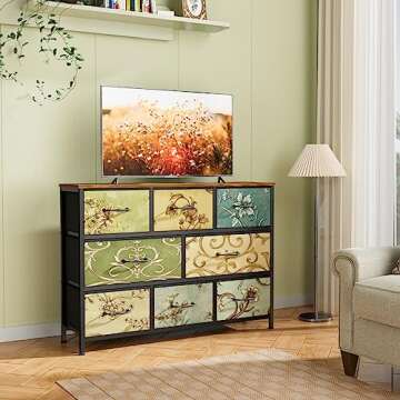 Furnulem 8 Drawer Dresser, Wide Fabric Chest of Drawers, Vintage Furniture for Bedroom, Living Room, Hallway, Closet Clothes Storage, Wooden Top