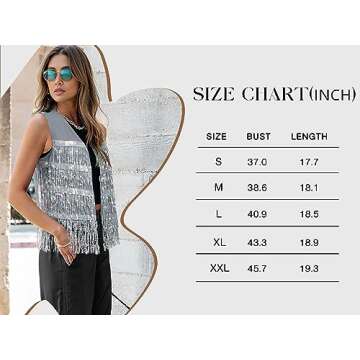 ZXZY Womens Sequin Fringe Sleeveless Vest Sparkly Lightweight Fitted Jacket Cardigan Silver