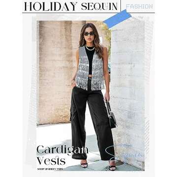 ZXZY Womens Sequin Fringe Sleeveless Vest Sparkly Lightweight Fitted Jacket Cardigan Silver