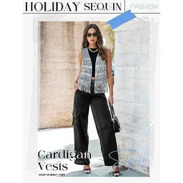 ZXZY Womens Sequin Fringe Sleeveless Vest Sparkly Lightweight Fitted Jacket Cardigan Silver