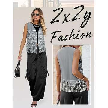 ZXZY Womens Sequin Fringe Sleeveless Vest Sparkly Lightweight Fitted Jacket Cardigan Silver
