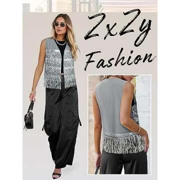 ZXZY Womens Sequin Fringe Sleeveless Vest Sparkly Lightweight Fitted Jacket Cardigan Silver