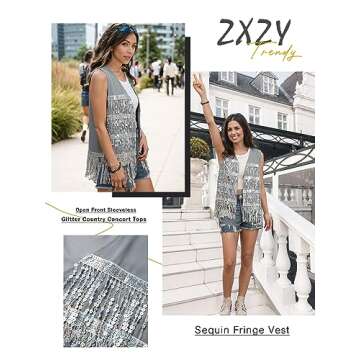 ZXZY Womens Sequin Fringe Sleeveless Vest Sparkly Lightweight Fitted Jacket Cardigan Silver