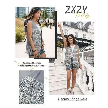 ZXZY Womens Sequin Fringe Sleeveless Vest Sparkly Lightweight Fitted Jacket Cardigan Silver