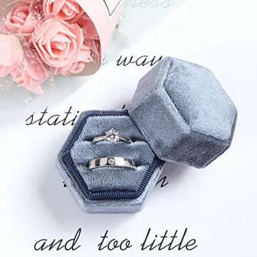 Etercycle Velvet Jewelry Ring Box, Hexagon Premium Gorgeous Vintage Double Ring Gift Box with Detachable Lid for Proposal Engagement Wedding Ceremony(Haze Blue)