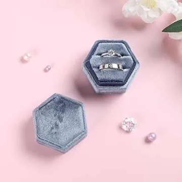 Etercycle Velvet Jewelry Ring Box, Hexagon Premium Gorgeous Vintage Double Ring Gift Box with Detachable Lid for Proposal Engagement Wedding Ceremony(Haze Blue)