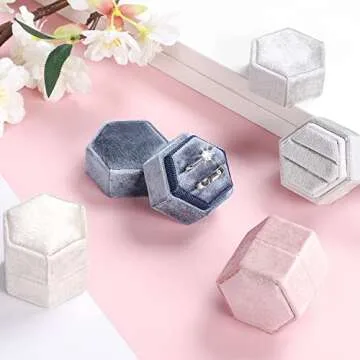 Etercycle Velvet Jewelry Ring Box, Hexagon Premium Gorgeous Vintage Double Ring Gift Box with Detachable Lid for Proposal Engagement Wedding Ceremony(Haze Blue)