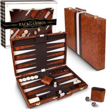 Backgammon Set 15 inch, Medium - Classic Board Game for Adults and Kids with Premium Leather Case - ...