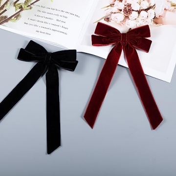 Velvet Bow Hair Ties, Classy Women Girls Hair Styling Accessories, Gift Hair Bows Cute Hair Clips for Mom Teen Toddler Girl Stuff, Long Tail Headdress Decor, Back to School Outfits, Black and Wine Red