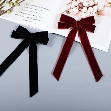 Velvet Bow Hair Ties, Classy Women Girls Hair Styling Accessories, Gift Hair Bows Cute Hair Clips for Mom Teen Toddler Girl Stuff, Long Tail Headdress Decor, Back to School Outfits, Black and Wine Red