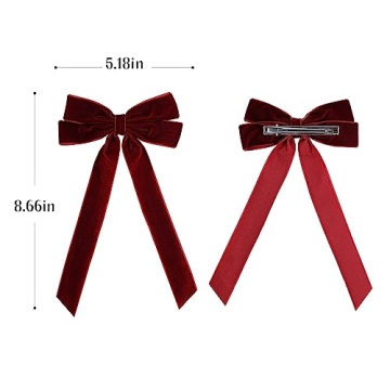 Velvet Bow Hair Ties, Classy Women Girls Hair Styling Accessories, Gift Hair Bows Cute Hair Clips for Mom Teen Toddler Girl Stuff, Long Tail Headdress Decor, Back to School Outfits, Black and Wine Red