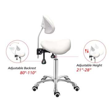 Antlu Saddle Stool Chair with Back Ergonomic Rolling Esthetician Seat for Salon Tattoo Shop Spa Dentist Clinic (Adjustable Backrest, White)