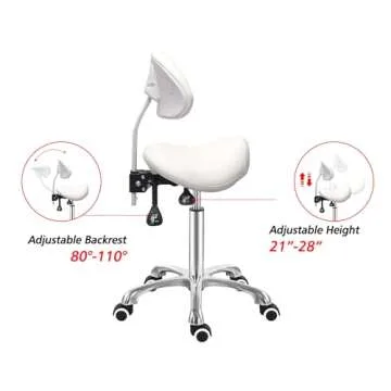Antlu Saddle Stool Chair with Back Ergonomic Rolling Esthetician Seat for Salon Tattoo Shop Spa Dentist Clinic (Adjustable Backrest, White)