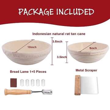 Bread Proofing Basket 2 Set 9 Inch and 10 Inch Round Proofing Basket with Bread Lame and Dough Scrap...