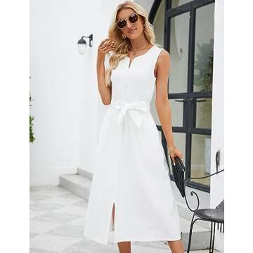 Ladyful Women's V Neck Solid Color Sleeveless Cotton Linen Dress