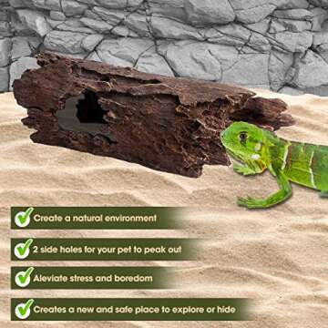 Lizard, Snake or Reptile Hide. XL Large 14" Hollow Log for Aquarium or Fish Tank. Bearded Dragon or Gecko Tank Accessories. Natural Looking Basking Platform, Shrimp or Betta Fish Hideout