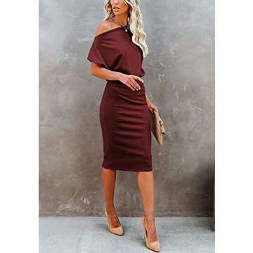 Ezbelle Women's Sexy Off Shoulder Short Sleeve Ribbed Casual Party Bodycon Dress Red Wine,4-6