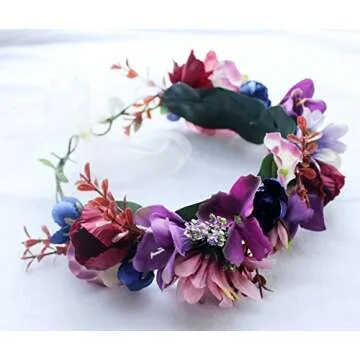 Vivivalue Floral Halo Boho Flower Headband Floral Crown Headpiece Hair Wreath with Ribbon Wedding Party Prom Photos Festival Purple