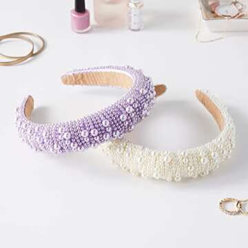 Glamlily 2 Pack Crystal Headbands for Women, Padded Pearl Headband (Lavender, White)