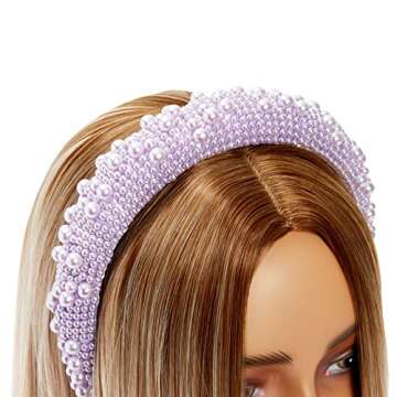 Glamlily 2 Pack Crystal Headbands for Women, Padded Pearl Headband (Lavender, White)