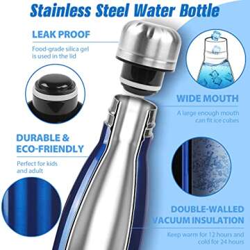 Sfee Insulated Water Bottle, 17 oz Stainless Steel Water Bottles, Double Wall Vacuum Reusable Water Bottles Leak Proof BPA-FREE Sports Bottle Cup Keep Hot&Cold for Running Gym Workout Cycling Kids