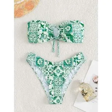 Floerns Women's All Over Print Tube Bandeau Bralette Tie Side Bikini Swimwear