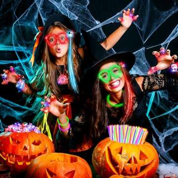 108 Halloween Party Favors Toys for Kids, Light Up Rings Necklaces Halloween Treats Goodie Bag Fillers Pinata Stuffers Classroom Prizes Halloween Glow Sticks Bulk Trick or Treat Toy Non Candy Supplies