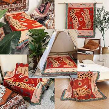tiowik Tiger Leopard Cheetah Wildlife Animal Throw Woven Blanket with Tassel for Home Decoration Chair Couch Sofa Bed Beach Travel Picnic Cloth Tapestry Shawl Cozy Cotton (Red 63×51 Inches)