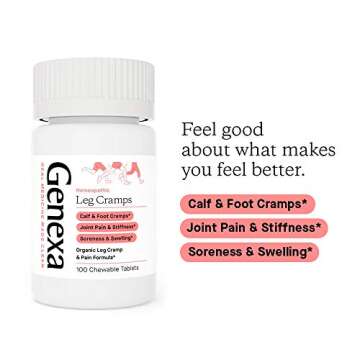 Genexa Leg Cramps Relief | Foot Cramp Defense, Joint Pain & Stiffness, Soreness & Swelling | Soothing Organic Grape Flavor | Vegan & Non-GMO | Homeopathic Remedy Made Clean | 100 Chewable Tablets