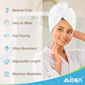 AIDEA Microfiber Hair Towel Wrap, 2 Pack Hair Turbans, Super Absorbent Quick Dry Hair Towel Wrap for All Hair Types Anti Frizz, 26"×10", White